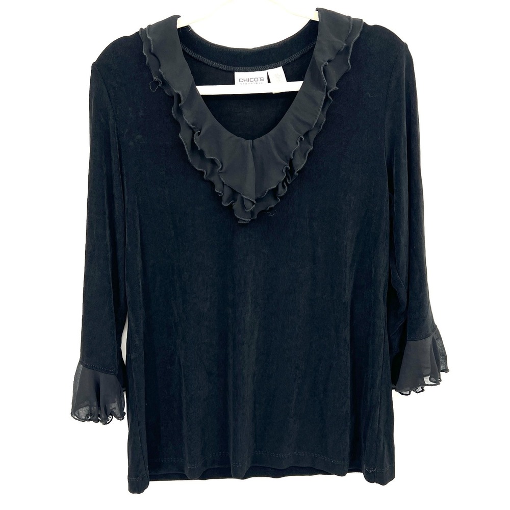 Chico's travelers black slinky long sleeve ruffle top gothic whimsigoth witchy L